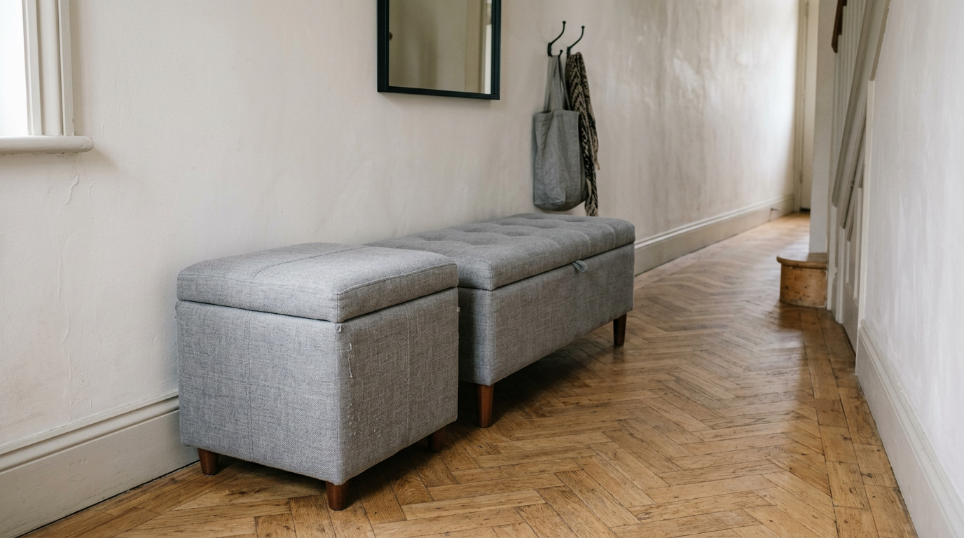 Grey storage ottoman and upholstered bench side by side in a hallway