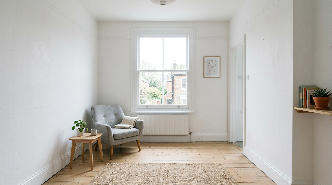 Bright compact room with pale floor and large window