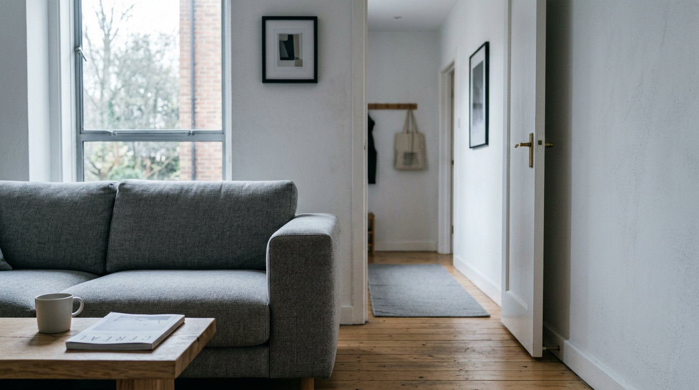 Narrow living room with clear walkway past a sofa in cool daylight