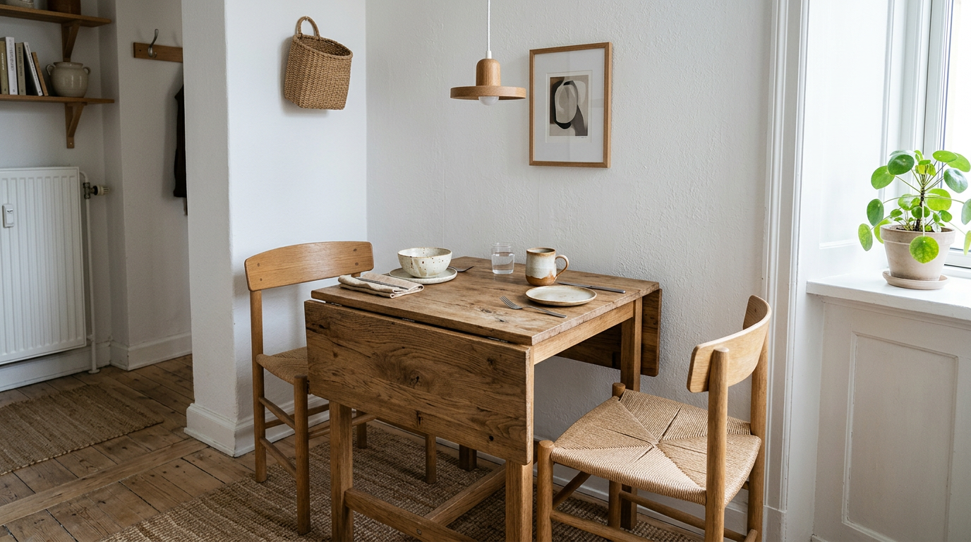 Small dining nook with extendable wood table and two chairs