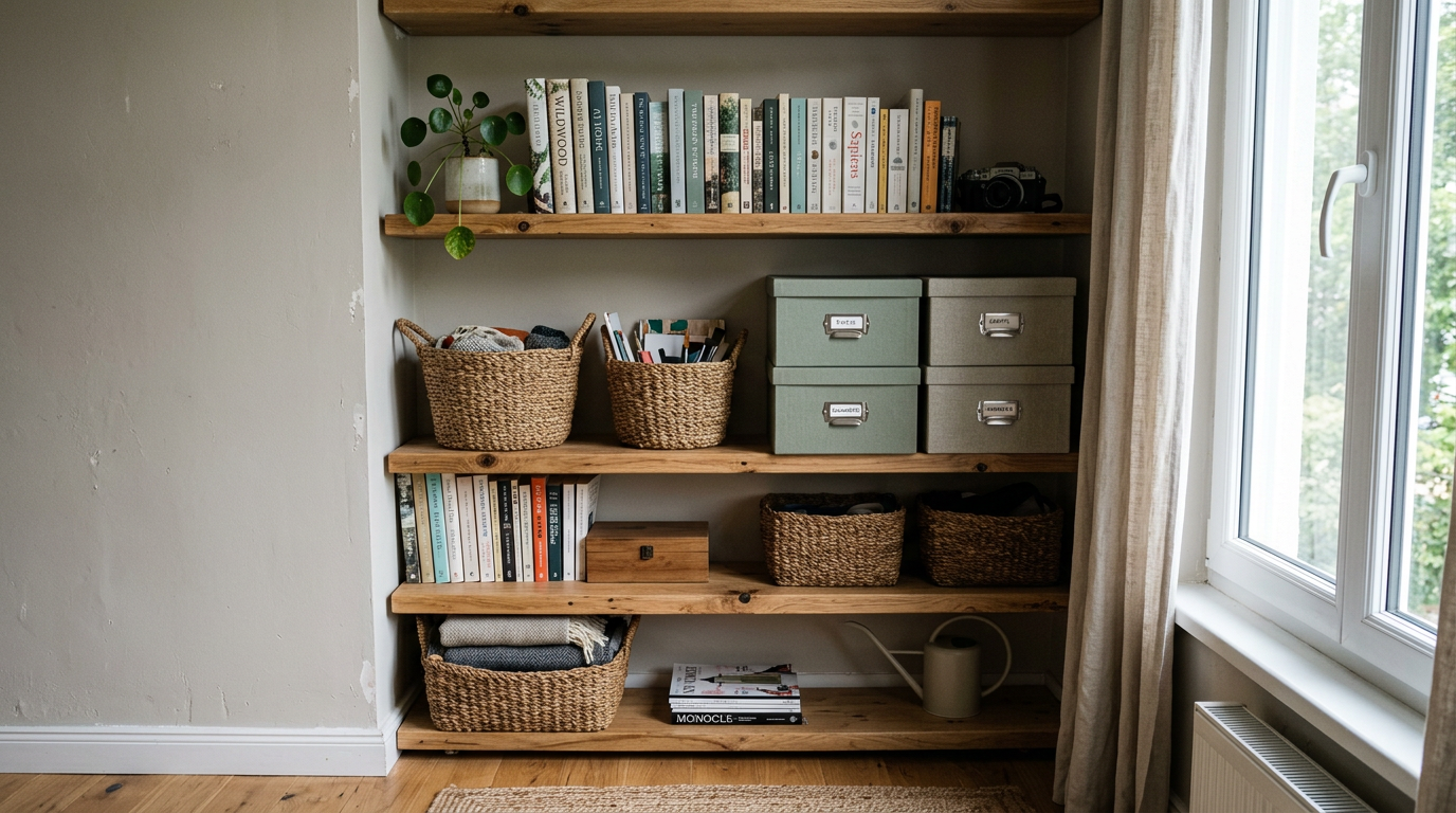 Wall-mounted shelves with baskets and books in neutral daylight