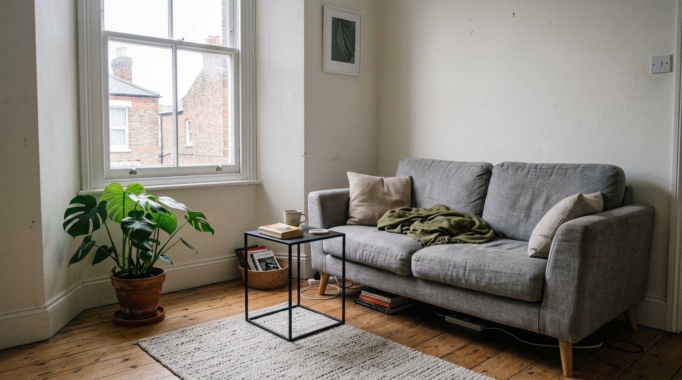 Compact living room with grey sofa, window light, and oak floor