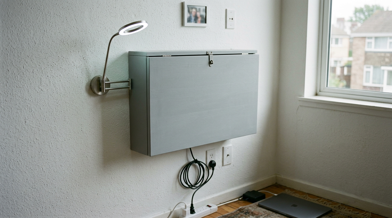 Wall-mounted fold-down desk with lamp in a small apartment
