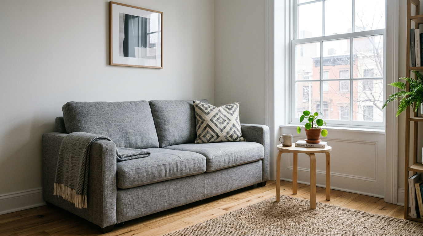 Grey sofa in a compact living room with cool natural light